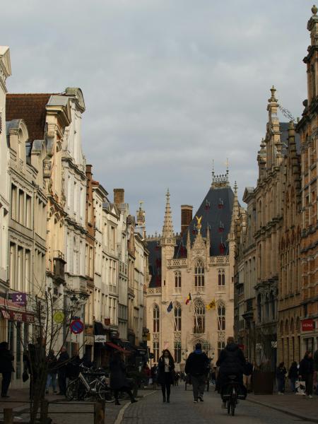 Historic european street with ornate buildings and people