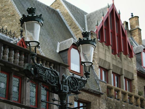 Ornate street lamp in front of historic buildings