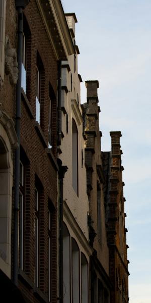 Row of historic european buildings against a pale sky